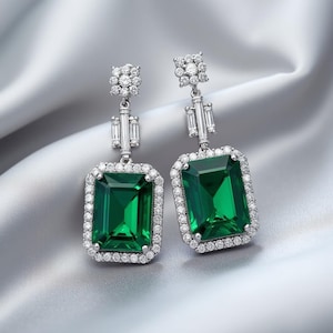 Emerald Drop Earrings: Sterling Silver, Moissanite Halo, Art Deco