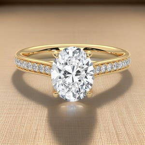 Oval Moissanite Engagement Ring: Yellow Gold Finish, Sterling Silver Band