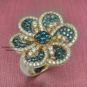 Sapphire Moissanite Flower Ring: Sterling Silver Cocktail Ring