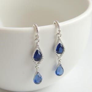 Pear Cut Sapphire Drop Earrings: Sterling Silver Wedding Jewelry