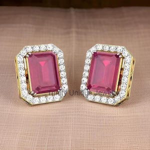 Emerald Earrings, Ruby and Diamond Halo Stud Earrings, Gemstone Earrings, Wedding Earrings, Diamond Jewelry Gift for Her, Ruby Stone Earring