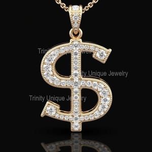 14k Yellow Gold Over 925 Sterling Silver Pendant Dollar Sign Pendant Necklace Round Cut Moissanite