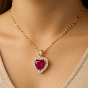 Heart Ruby Pendant Necklace: Gold Plated Halo Charm, Sterling Silver