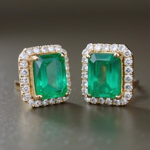 Emerald Earrings, Emerald and Diamond Halo Stud Earrings, Gemstone Earrings, Wedding Earrings, Diamond Jewelry Gift for Her