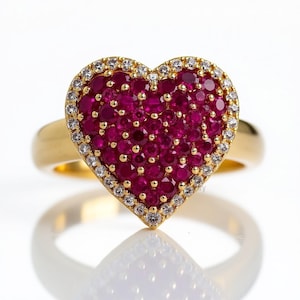Pave Ruby Heart Ring: Moissanite Halo, Gold Plated Sterling Silver