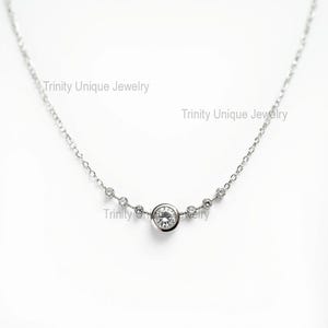 Diamond Station Necklace, Dainty Moissanite Bezel Choker, Elegant Floating Necklace, Silver Delicate Everyday Jewelry, Chain Necklace