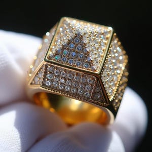 Iced Out Pyramid Moissanite Ring: 14k Gold Finish Sterling Silver