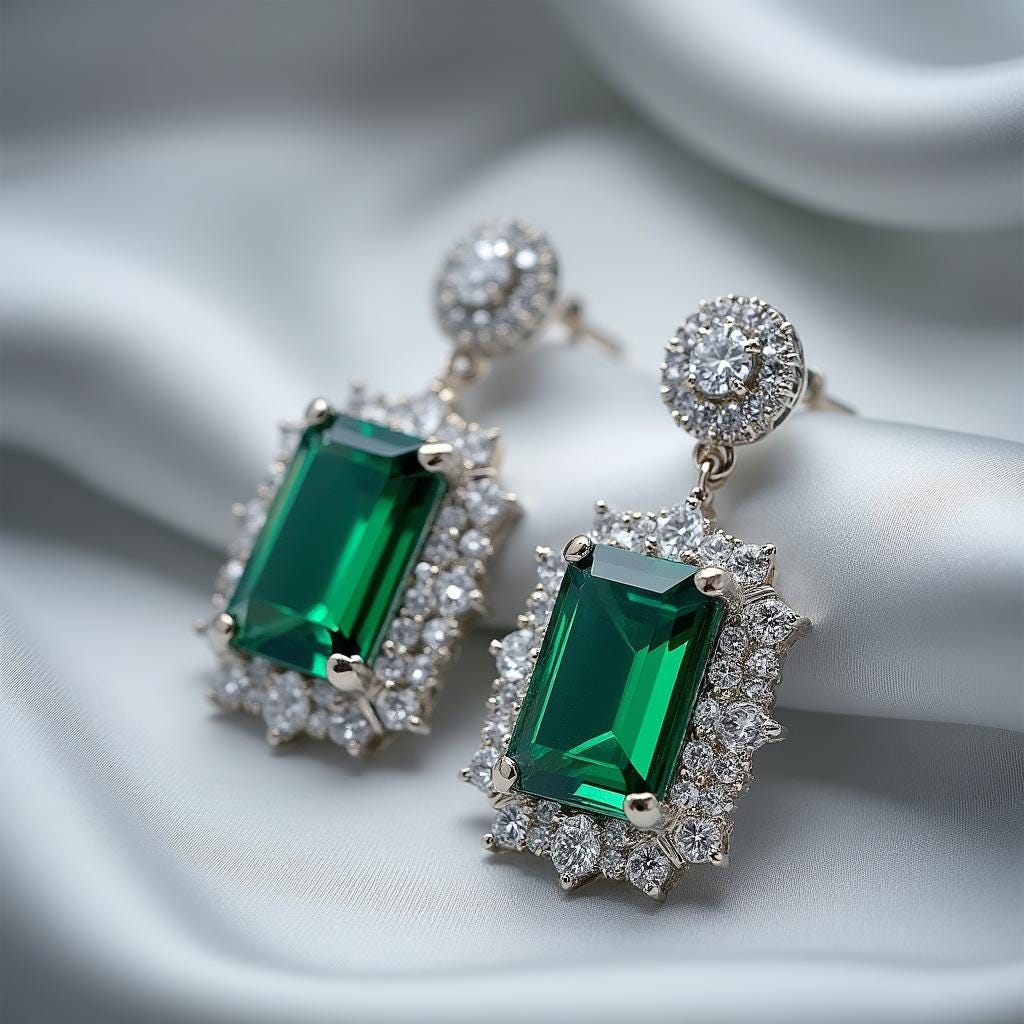 Emerald Drop Earrings for Women in 925 Sterling Silver, Wedding Earrings with CZ Halo, Emerald Cut Statement Jewelry Gift