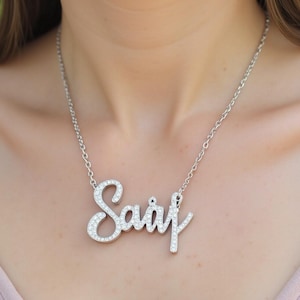 Custom Sterling Silver Name Necklace: Script Stone-Set Personalized Jewelry