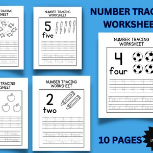 Peut inclure: Feuilles de travail d'écriture de nombres imprimables en noir et blanc pour les enfants. Les feuilles de travail présentent les nombres 2, 3, 4, 5 et 6 avec des lignes pour le traçage et le mot pour chaque nombre écrit en dessous. Les feuilles de travail comprennent également de petites images d'objets pour aider les enfants à apprendre les nombres. Le texte "NUMBER TRACING WORKSHEET" est en haut de chaque page. Le texte "10 PAGES" et "INSTANT DOWNLOAD" est en bas de l'image.