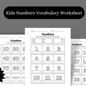 May include: Black and white printable worksheet for kids to practice writing numbers 1 through 12, 10 through 24, and 10 through 1000. The worksheet has the words "Numbers" and "Write the numbers and color them" at the top.