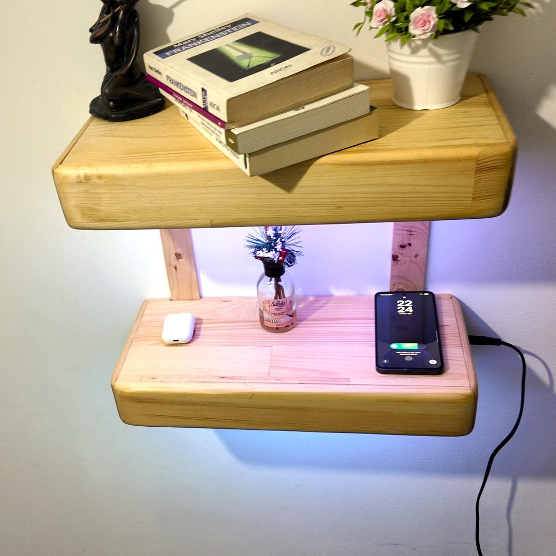 Floating Thick Wall Shelf With RGB LED Lights and Wireless Charging ...
