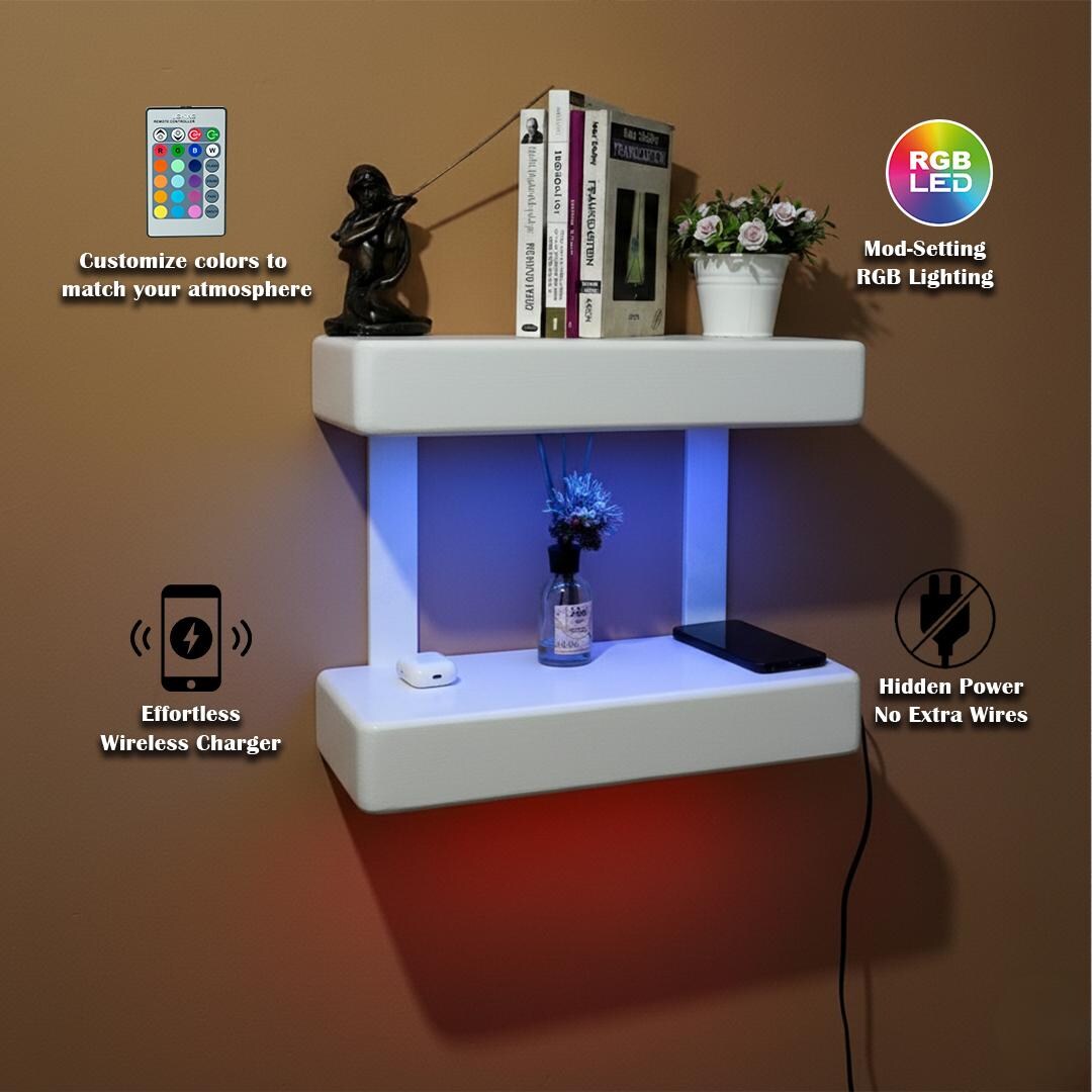 Handmade White Floating Shelf – RGB LED Light, Wireless Charging - Etsy