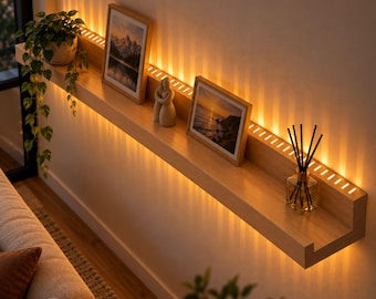 May include: A light-toned wooden floating wall shelf featuring integrated LED lighting that casts vertical beams of warm light against the wall. The shelf holds a potted trailing plant, two framed landscape photos, a small figurine, and a reed diffuser.