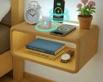 Floating Oak Nightstand: Wall Mounted Bedside Shelf with Wireless Charging & LED