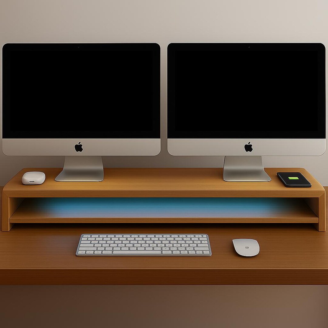Walnut Wood Monitor Stand With Storage – Desk Shelf Riser With Optional ...