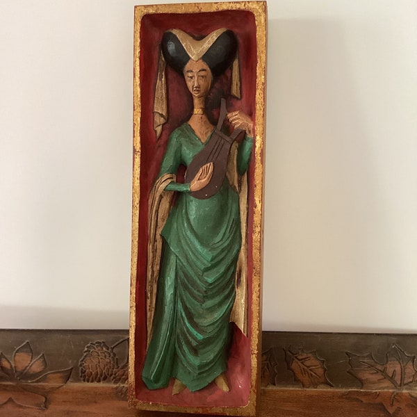 Spanish Carving of woman with lyre, wall hanging