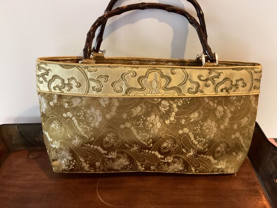 vintage Satin purse with bamboo handles, World Ma… - image 2