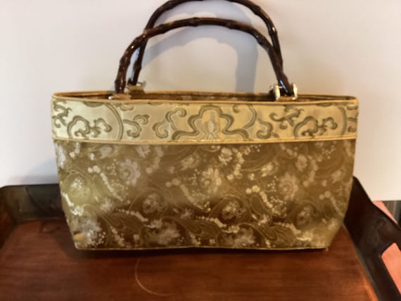 vintage Satin purse with bamboo handles, World Ma… - image 1