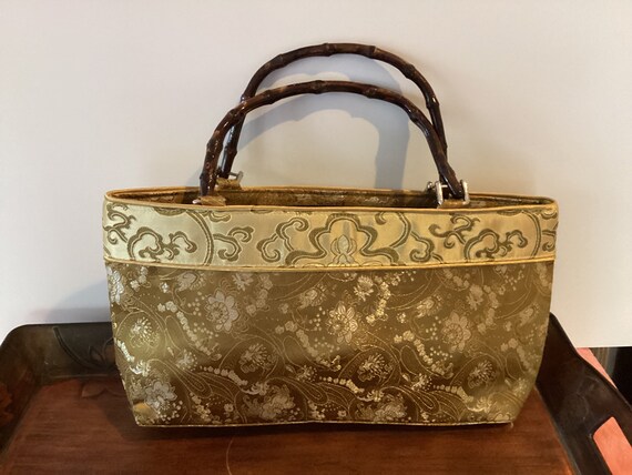 vintage Satin purse with bamboo handles, World Ma… - image 3