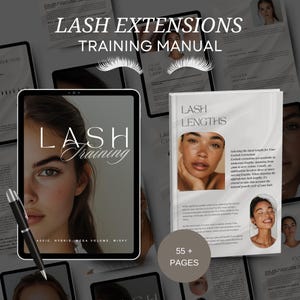 Peut inclure: Un manuel de formation numérique pour les extensions de cils. La couverture présente une femme avec de longs cils et le texte "Lash Training". Le manuel comprend des informations sur les longueurs des cils, les techniques d'application et les différents styles de cils.