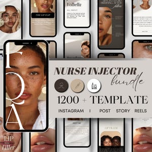 May include: A digital marketing kit for nurse injectors, featuring 1200+ Instagram templates for posts, stories, and reels. The kit includes a variety of templates with different layouts and designs, as well as icons for lip fillers, injectables, and syringes.