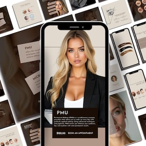 Op de afbeelding: Een smartphone toont een blonde vrouw, omringd door promotiemateriaal. Het telefoonscherm toont tekst over Permanente Make-up (PMU) en een oproep om een afspraak te boeken. Andere materialen tonen wenkbrauw- en eyelinertechnieken.