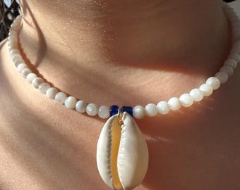 Cowrie Shell Beaded Choker: White & Blue Beach Necklace