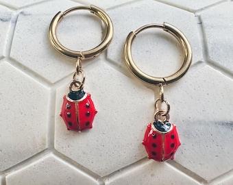 Ladybug Charm Earrings: Stainless Steel Gold Hoops