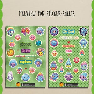 May include: Two sticker sheets with colorful, cartoonish creatures. One sheet has the words "pisces", "dreamy", and "neptune". The other sheet has the words "strong", "imaginative", and "cute". The background is green with white dots.