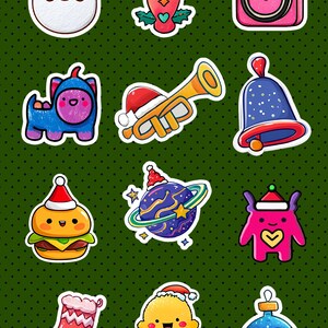 May include: A collection of colorful Christmas-themed stickers on a green background. The stickers feature various designs, including Santa Claus, a camera, a trumpet, a burger, a planet, and other festive characters. The stickers have a white border.