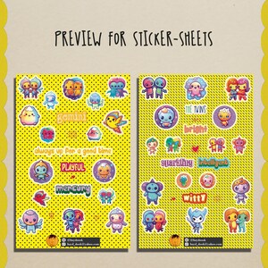 May include: Two sticker sheets with colorful cartoon characters on a yellow background with black polka dots. The stickers have various designs, including zodiac signs and phrases like "Gemini," "Playful," and "Bright." The text "PREVIEW FOR STICKER-SHEETS" is at the top.