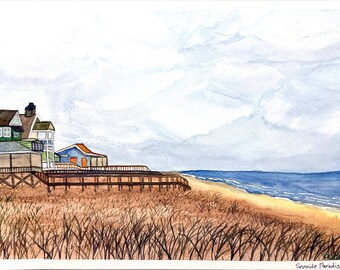 May include: Watercolor painting of a beach scene with a wooden boardwalk leading to a group of houses. The sky is cloudy and the ocean is blue. The beach is sandy and there are brown grasses in the foreground. The painting is signed "SeaSide Paradise 2104".