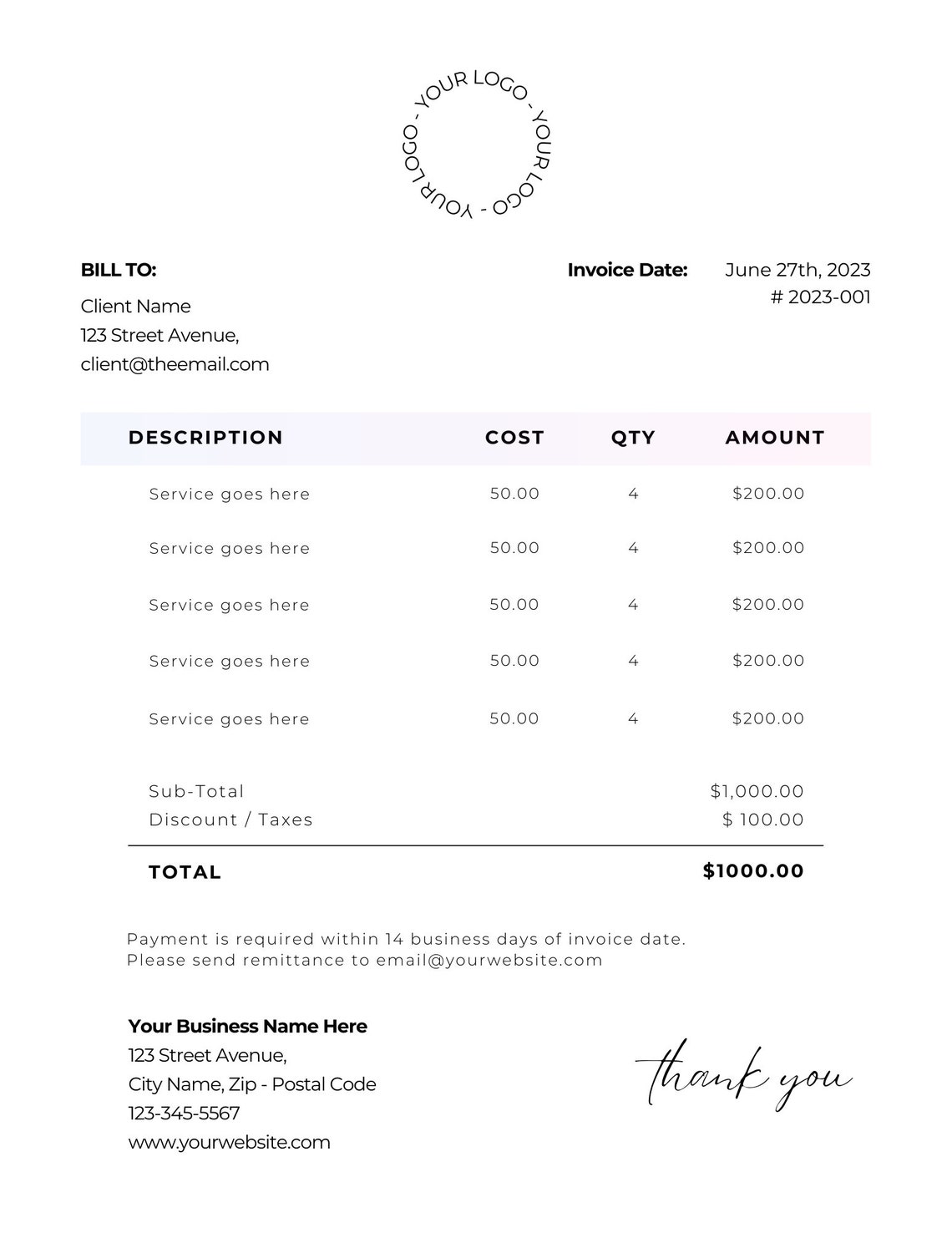 Invoice Template Digital Download EDITABLE PRINTABLE Etsy