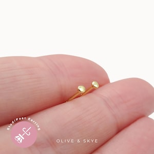 May include: A pair of small, polished gold-tone stud earrings with round, flat heads and thin posts. The earrings are positioned between fingers. A circular pink graphic in the corner displays a white icon of a stud earring with the text Stud/Post Earring and the brand name OLIVE & SKYE.