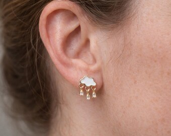 Gold Rain Cloud Earrings, Dainty Weather Studs, Minimalist Jewelry