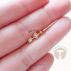 Conjunto de 3 brincos pequenos com base plana, brinco delicado em formato de estrela, calibre 16G (5 mm), brincos de ouro com base plana, conjunto para usar em conjunto, brincos para hélice, brincos pequenos de ouro, presente