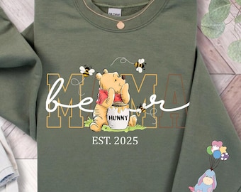 Custom Winnie The Pooh Mama Bear Sweatshirt, Mama Est with Kids Name on Sleeve, Custom Gift for Mom, Mothers Day Hoodie, Disney Mom Sweater