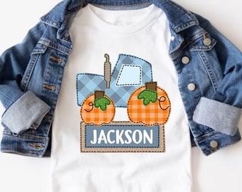 Personalized Pumpkin Tractor Kids Shirt, Custom Halloween Boys Shirt, Halloween Green Tractor Toddler Shirt, Thanksgiving Kids Gift, Pumpkin