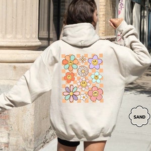 Checkered Flowers Hoodie, Woman Sweatshirt, Smiling Flowers Sweatshirt, Daisy Hoodie, Checkered Flowers Sweater,Happy Flowers,Gift For Women