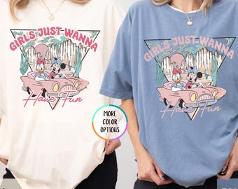 Comfort Colors Disney Girls Trip Shirt, Minnie Daisy Disney Tee, Girls Just Wanna Have Fun Shirt, Vintage Look Car Graphic Vacation Shirt