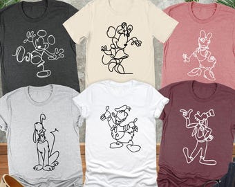 One Line Disney Character Shirt, Minimalist Disney Tee, Disney Family Trip Gift, Group Matching Shirt, Mickey and Friends Vacation Shirt