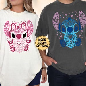 Comfort Colors® Stitch And Angel Matching Shirts, Cute Couple Tee, Disney Trip Shirt, Couple Vacation Shirt, Floral Stitch Shirt, Disneyland