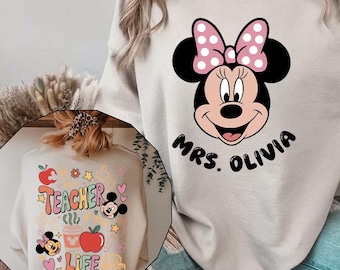 Personalized Teacher Name Sweatshirt, Custom Disney Teacher Crewneck, Cute Comfy Gift for Teachers, Minnie Teacher Hoodie, Back To School