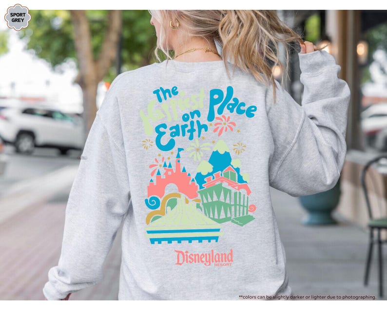 Pu&ograve; includere: Una felpa grigia con una stampa grafica colorata che dice "The Happiest Place on Earth" e presenta un'immagine di cartone animato del castello di Cenerentola e fuochi d'artificio. Il testo "Disneyland" &egrave; stampato sotto la grafica.