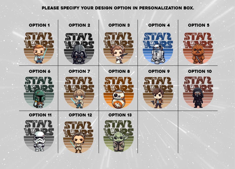 May include: A graphic design featuring 13 different Star Wars characters. Each character is depicted in a circular design with a sunset background and the text "STAR WARS".