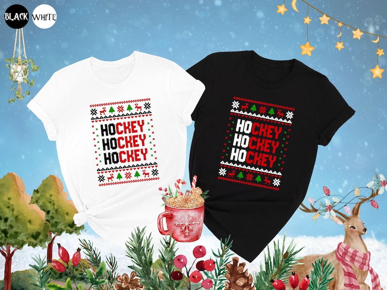 May include: Two Christmas themed t-shirts, one white and one black, with the text "HOCKEY" repeated three times in red on each shirt. The shirts have a red and green snowflake pattern.