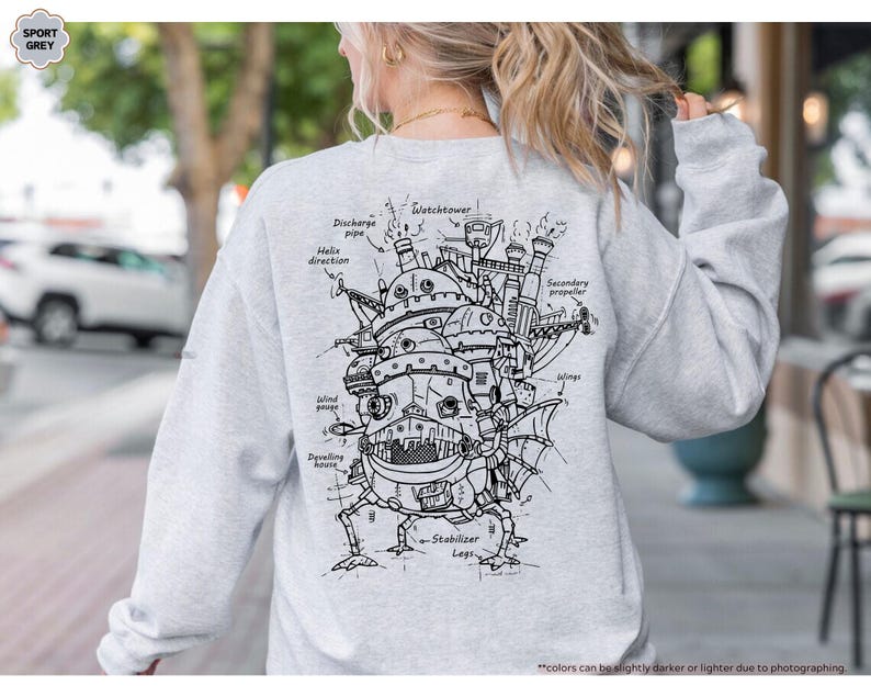 May include: A gray sweatshirt with a black line drawing of a flying machine on the back. The drawing is labeled with details such as 'Watchtower', 'Discharge pipe', 'Helix direction', 'Island gauge', 'Dwelling house', 'Secondary propeller', 'Stabilizer Legs'.