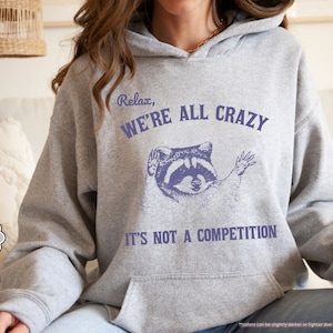 Relax We're All Crazy It's Not A Competition Hoodie, Funny Raccoon Sweatshirt, Funny Sayings, Raccoon Hoodie, Meme Sweatshirt, Raccoon Funn