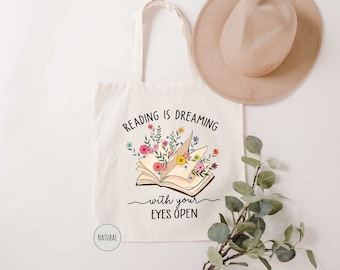 Reading is Dreaming with Your Eyes Open Tote Bag, Book Tote Bag, Book Lover Gift, Bookish Bag,Reading Tote Bag,Readers Gift,Gift For Teacher